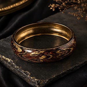 Vintage 70s Root Beer Swirl Resin Bangle – Gold Fleck Boho Statement Cuff Bracelet