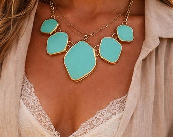 Vintage Turquoise Statement Bib Necklace • Gold-Tone Boho Luxe Jewelry