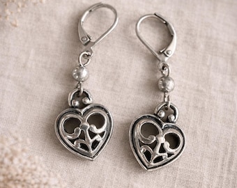 Vintage Silver Filigree Heart Earrings | Leverback Dangle Jewelry