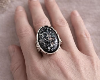 Vintage Snowflake Obsidian Sterling Silver Ring | Boho Statement Jewelry