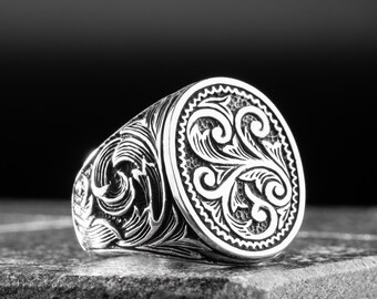 Wave Solid Silver Ring, 925 Sterling Silver Wave Embroidered Ring For Men, Sea Wave Ring, Gift For Dad, Fathers Day Gift