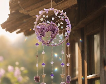 Heart Tree of Life Suncatcher,Natural Crystal Window Prism,Boho Butterfly Mushroom Dreamcatcher Wall Hanging,Fairycore Healing Ornament Gift
