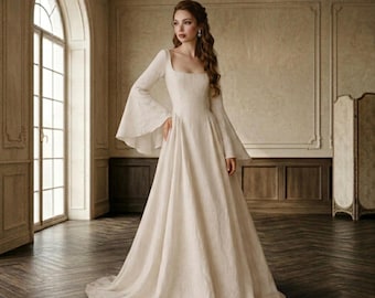 Boho Linen Wedding Dress Bell Sleeve Bridal Dress Vintage Maxi Dress Cottagecore Wedding Guest Dress Beach Bridal Gown Maternity Dress