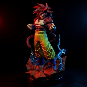 May include: A detailed figurine of a character with spiky red hair, wearing a red and brown furry upper body, yellow pants, and blue boots. The figure is posed on a rocky base with blue lightning accents, set against a dark background.