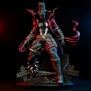May include: A detailed figurine of a character in a black mask and hat, red coat, and black pants. The figure is holding a gun and is adorned with spikes and chains. The base features a tombstone and cross, with a dark background.