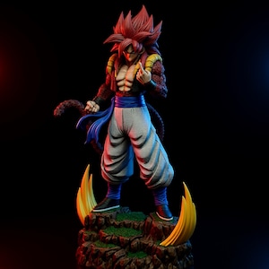 May include: A detailed figurine of a character with spiky red hair, wearing a dark red and brown jacket, white pants, and blue accents. The figure stands on a rocky base with yellow flame-like accents, set against a black background.