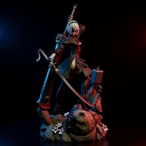 2B Fanart STL 3D Print Model | Blindfold Android Warrior | Twin Sword Anime Statue