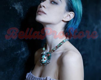 Handmade Horned Doll Head Necklace | Gothic Horror Art Jewelry, Green Beads