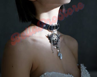 Gothic Doll Head Choker Necklace | Layered Spikes, Skulls, Crosses, Coffin Charms