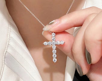 Moissanite Cross Pendant with Necklace 925 Sterling Silver, Gift for Mom