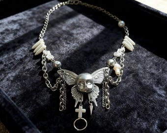 Gothic Doll Head Butterfly Choker Necklace, Alternative Grunge Jewelry with Crosses & Spikes