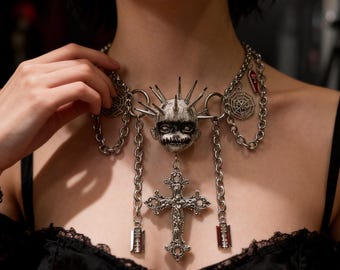 Handcrafted Spiked Doll Head Necklace | Gothic Cross, Spider Web, Coffin Charms | Punk Choker