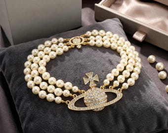 In Box 925 Silver Gold Three-Layer Pearl Chain,CZ Saturn Pendant | Vivienne Westwood Pearl Necklace, Gifts