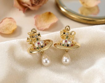 In Box 925 Silver CZ Saturn Pearl Earrings | Vivienne Westwood Earrings, Gifts