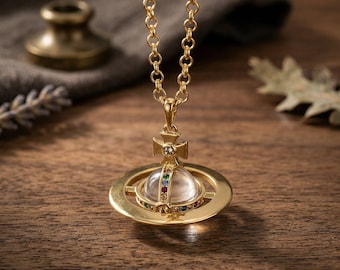In Box Large 925 Silver Gold CZ Saturn Pendant | Vivienne Westwood Pearl Necklace, Gifts
