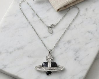 In Box 925 Silver Black Heart-Shaped Zircon Saturn Pendant | Vivienne Westwood Pearl Necklace, Gifts