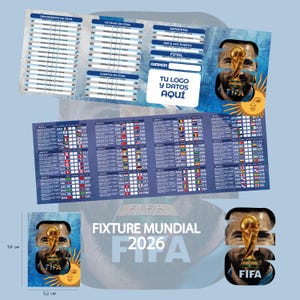 Puede incluir: Un cuadro de partidos de la Copa Mundial de la FIFA 2026 en azul y blanco. El cuadro incluye los calendarios de partidos, las banderas de los equipos y el texto "FIXTURE MUNDIAL 2026 FIFA". La imagen también presenta un pequeño gráfico del trofeo de la Copa del Mundo.