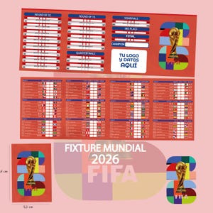 Könnte beinhalten: Ein rot-weißes Spielplan-Diagramm der FIFA Fussball-Weltmeisterschaft 2026. Das Diagramm enthält Abschnitte für die Runde der letzten 32, die Runde der letzten 16, das Viertelfinale, das Halbfinale, den 3. Platz und das Finale. Das Diagramm zeigt auch die FIFA-Trophäe und den Text "TU LOGO Y DATOS AQUÍ". Das Diagramm ist 5,2 cm breit und 4 cm hoch.