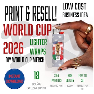 Puede incluir: Un diseño de envoltura de encendedor con el tema de la Copa del Mundo 2026 con las banderas estadounidense y mexicana, el trofeo de la Copa del Mundo. El diseño está sobre un fondo gris con estrellas blancas. El texto incluye "Print & Resell!" y "Low Cost Business Idea."