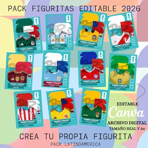 May include: A collection of editable trading card templates featuring soccer jerseys from various Latin American countries. Each card includes space for a name, height, and weight. The cards are designed for digital use and are labeled as editable with Canva.