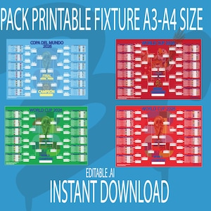 Puede incluir: Un paquete de cuatro gráficos de calendario de torneos de fútbol imprimibles en tamaño A3-A4. Cada gráfico presenta un esquema de color diferente: azul, rojo, verde y naranja. El texto incluye "COPA DEL MUNDO 2026", "WORLD CUP 2026", "FINAL", "CAMPEON", "EDITABLE.AI" y "INSTANT DOWNLOAD".