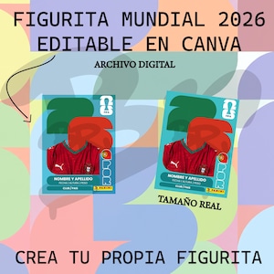 Może przedstawiać: Plik cyfrowy do projektu karty piłkarskiej. Karta przedstawia czerwoną koszulkę z białym logo, zielone tło oraz tekst "FIGURITA MUNDIAL 2026 EDITABLE EN CANVA". Karta zawiera również tekst "NOMBRE Y APELLIDO" i "TAMAÑO REAL".