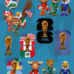 Puede incluir: Un collage vibrante con elementos de fútbol sobre un fondo azul. Incluye un balón de fútbol, el trofeo de la Copa Mundial de la FIFA y mascotas de dibujos animados que representan a varios países. También se muestran banderas de EE. UU., México y Canadá.