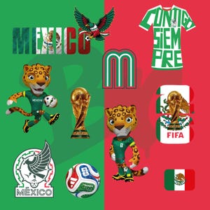 Puede incluir: Un collage de gráficos temáticos de fútbol mexicano sobre un fondo rojo y verde. Incluye un balón de fútbol, un trofeo, una camiseta con texto, una mascota de jaguar, la bandera mexicana y la palabra "México".