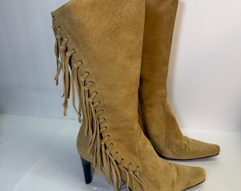 Mixit Tan Suede Fringe Western Boots Y2K Pointed Toe Stiletto Heel 6.5M