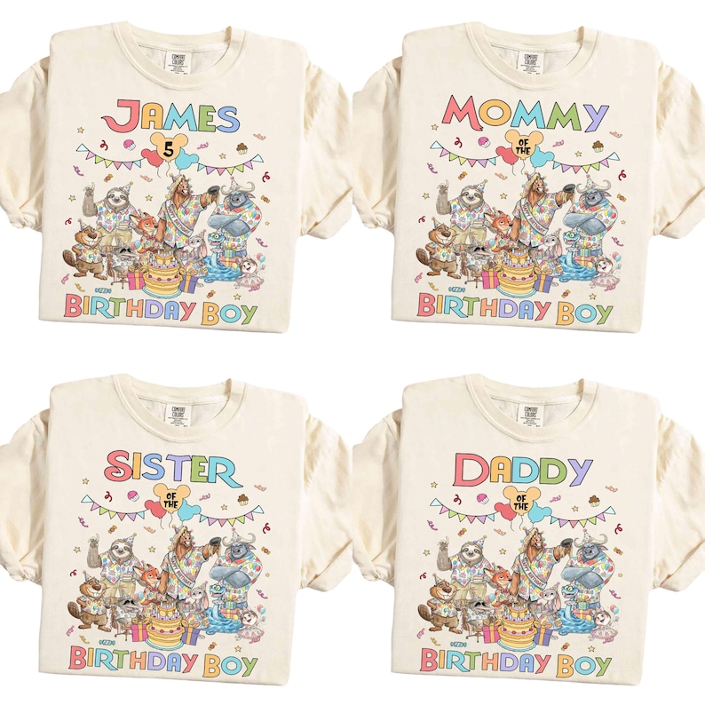 May include: Four cream-colored t-shirts with colorful graphics and text. One shirt says "JAMES" with the number "5", another says "MOMMY", a third says "SISTER", and the last says "DADDY". All shirts have a "BIRTHDAY BOY" graphic.