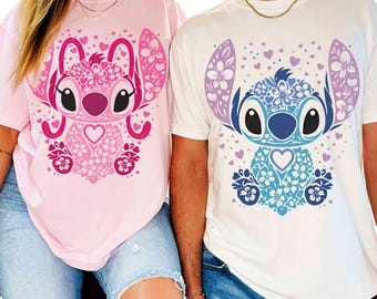 Disney Stitch Angel Couples |Funny Cute Trend|Matching Set|Personalized|Unisex Tshirt Hoodie|Kids Tee Romper|Premium DTF Print|Gift| NA254