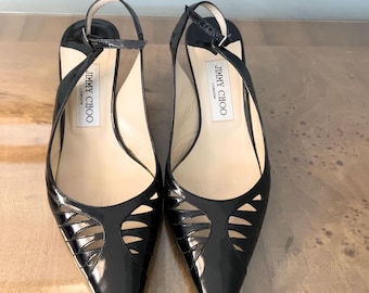 Décolleté Jimmy Choo da donna in pelle verniciata nera con cinturino posteriore e tacco basso, taglia 37