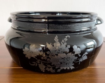1930年代ヴィンテージ ブラックアメジストガラスボウル 花柄デザイン
