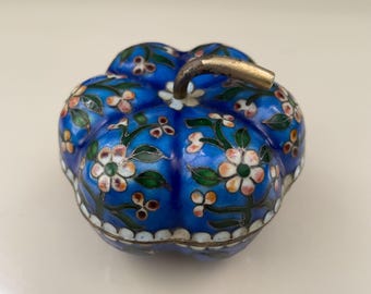 Vintage Brass Cloisonné Blue Pumpkin Shaped Trinket Box