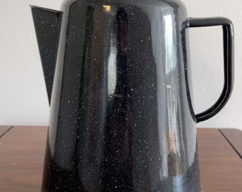 French Country Farmhouse Vintage Black White Enamelware Metal Coffee Pot