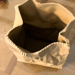 May include: A beige ceramic vase designed to resemble a crumpled paper bag. The vase has a wide, irregular opening and a textured surface, with visible creases and folds. The interior is a darker shade of brown.