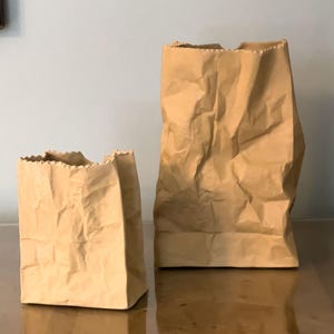 May include: Two brown paper bags of different sizes stand side-by-side. The bags have a crumpled texture and open, jagged tops. The bags are on a reflective surface, and the background is a solid, light blue-gray.