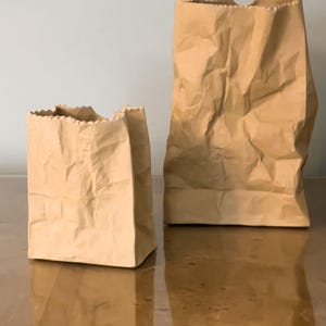 May include: Two brown paper bags of different sizes stand side-by-side. The bags have a crumpled texture and a rectangular base. The edges of the bags are uneven, giving them a handmade appearance. The bags are on a reflective surface.
