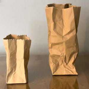 May include: Two brown paper bags of different sizes, standing upright. The bags have a crinkled texture and a jagged top edge. The bags are on a reflective surface, with a light gray background.