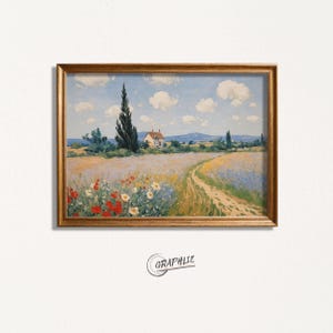 Könnte beinhalten: Gerahmtes Landschaftsgemälde mit einem Feld voller Wildblumen und einem Weg zu einem Haus. Das Kunstwerk hat einen goldfarbenen Rahmen und einen blauen Himmel mit Wolken. Das Wort "GRAPHIE" ist unten im Kreis gedruckt.