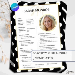 Peut inclure: Un modèle de CV intitulé Sorority Rush Bundle 7 Templates avec une bordure à pois noirs et blancs, des accents dorés et un emplacement photo circulaire. Le document comprend des sections pour les informations personnelles, l'éducation et les activités.