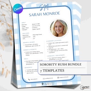 Sorority Lebenslauf Vorlage Bundle, Blau Gingham Canva Lebenslauf Vorlage, Studenten Lebenslauf, Einstellungs Lebenslauf Kit, Rush Week Tracker, Anschreiben