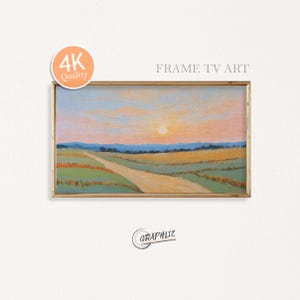 May include: A framed landscape painting depicting a sunset over a rural road and fields. The artwork features a golden frame, a warm color palette of orange, yellow, and green, and the text "FRAME TV ART" and "4K Quality". The artist's signature is also visible.