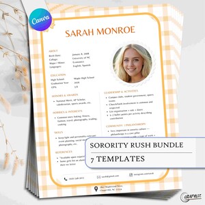 Könnte beinhalten: Eine Lebenslaufvorlage mit dem Titel Sorority Rush Bundle 7 Templates und einem hellorangen Vichy-Karo-Rand. Das Dokument enthält Abschnitte für About, Education, Honors, Hobbies, Skills, References, Leadership und Philanthropy mit einem Fotoplatzhalter.