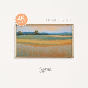 Könnte beinhalten: Gerahmtes Landschaftsgemälde mit goldenem Rand. Das Kunstwerk zeigt ein Feld mit gelben und grünen Farbtönen, sanften Hügeln und blauem Himmel. Der Text "FRAME TV ART" und "4K Quality" sind sichtbar.