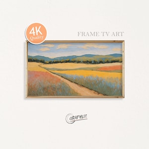 Könnte beinhalten: Gerahmtes Landschaftsgemälde mit einem Feldweg, der sich durch Felder mit gelben, roten und blauen Blumen schlängelt. Der Himmel ist blau mit weißen Wolken. Der Rahmen ist goldfarben. Der Text "FRAME TV ART" steht über dem Gemälde. Der Text "4K Quality" ist in einem Kreis.