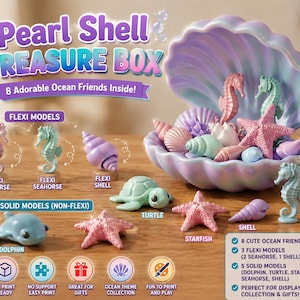 May include: A Pearl Shell Treasure Box containing eight ocean-themed figurines. The set includes three flexi models, two seahorses and one shell, and five solid models, a dolphin, turtle, starfish, and shell, all in pastel colors.
