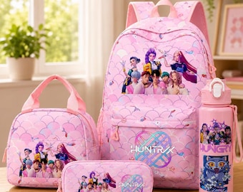 K Pop Demon Hunter 4 Piece Backpack Set, K Pop Backpack Set With Lunch Bag, Pencil Case & Water Bottle, Anime Demon Hunter School Bag Set.