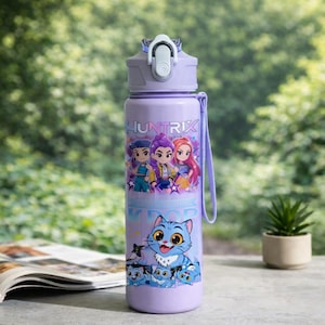 May include: A lavender water bottle with a white flip-top lid and a matching carrying strap. The bottle features the word "HUNTRIX" and cartoon graphics of three girls and a blue cat. The bottle is cylindrical and appears to be made of metal.