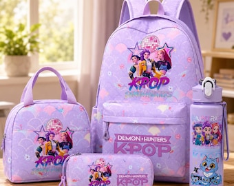 K Pop Demon Hunter 4 Piece Backpack Set, K Pop Backpack Set With Lunch Bag, Pencil Case & Water Bottle, Anime Demon Hunter School Bag Set.